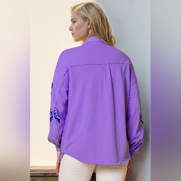 Double Take Full Size Sequin Bow Button Up Shacket - Picture 2 of 4